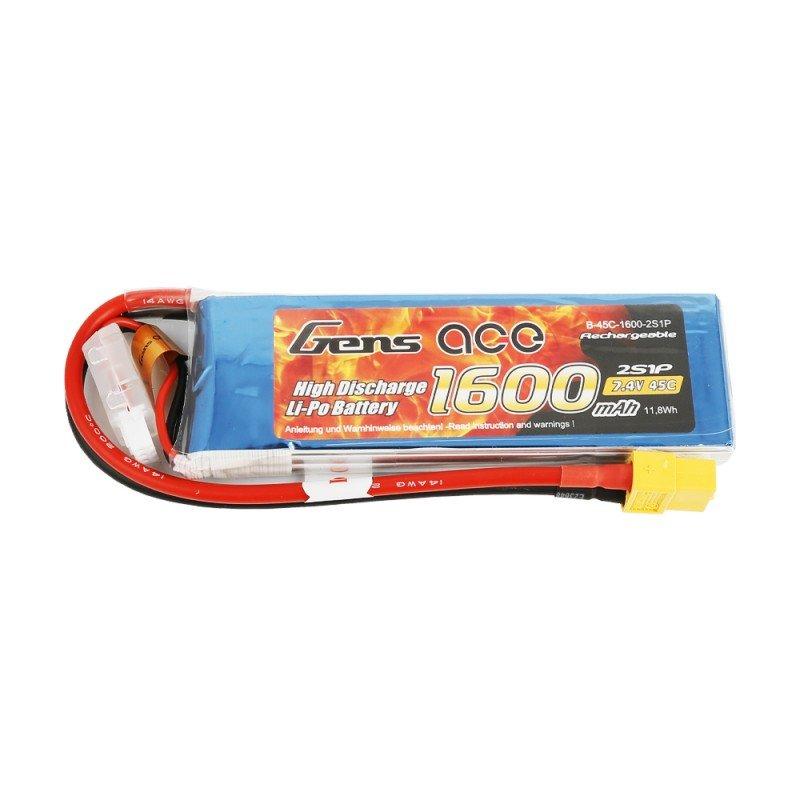 Gens ace  1600mAh 7,4V 45C 2S1P Lipo Battery Pack with XT60 plug